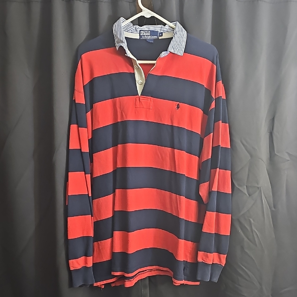 Ralph Lauren Men's Red and Navy Striped Shirt